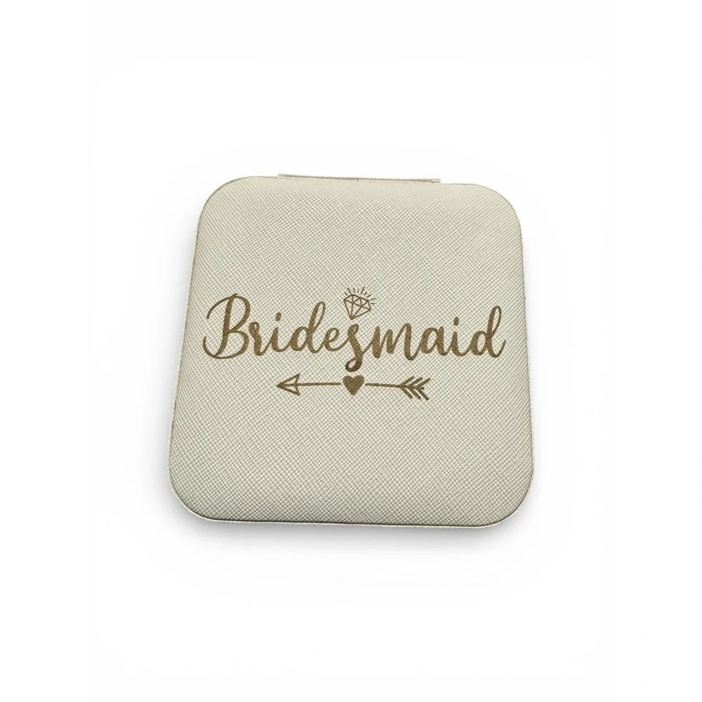Bridesmaid Travel Jewelry Box Cream Faux Leather Square Zip Case Wedding Gift